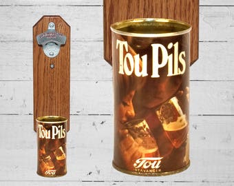 Tou Pils Wall Mounted Bottle Opener with Vintage Beer Can Cap Catcher - Gifts for Groomsmen Guys and Grads