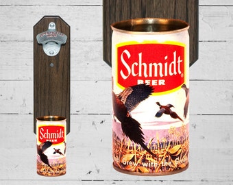 Schmidt Pheasants Wall Mounted Bottle Opener with Vintage Schmidt Beer Can Cap Catcher - Gift for Guys