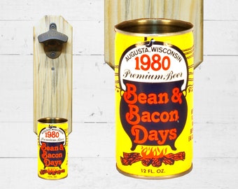 Bean & Bacon Days Wall Mounted Bottle Opener with Vintage 1980 Beer Can Cap Catcher