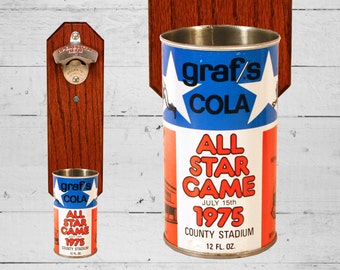 Vintage barware 1975 Graf's All Star Game väggmonterad flasköppnare med vintage ölburkfångare - Milwaukee Brewers NL vs AL