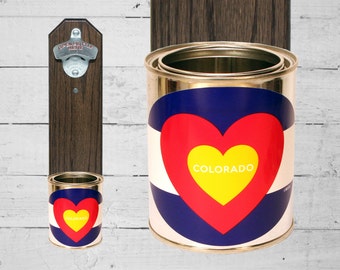 I Heart Colorado Wall Mounted Bottle Opener with Love State Flag Bottle Cap Catcher - Denver Beer Bottle Opener - Groomsmen Gift