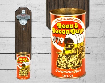 Bean & Bacon Days Wall Mounted Bottle Opener with Vintage 1979 Beer Can Cap Catcher