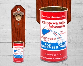 Wall Mounted Bottle Opener with Vintage Chippewa Falls Wisconsin Beer Can Cap Catcher - 1977 Pure Water Days 1st Annual