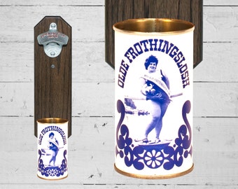 Funky Beer Gift Olde Miss Frothingslosh Wall Mounted Bottle Opener with Vintage Beer Can Cap Catcher - Gift for Groomsmen