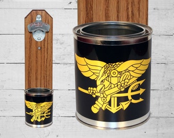 Navy Seals Wall Mounted Bottle Opener with US Military Tin Can Cap Catcher - Beer Bottle Opener - Gift for Guy