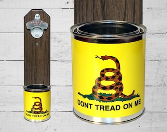 Wall Mounted Bottle Opener with Don't Tread On Me Gadsden Flag Tin Can Cap Catcher - Beer Bottle Opener - Patriotic Gift for Guy