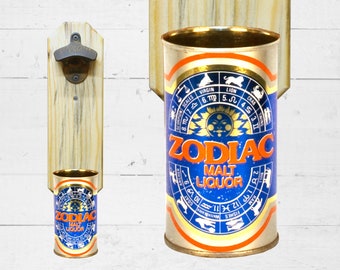 Zodiac Wall Mount Bottle Opener with Vintage Astrological Malt Liquor Beer Can Cap Catcher