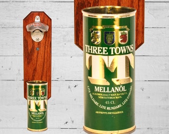 Wall Mounted Bottle Bottle Opener with Vintage Three Towns Swedish Beer Can Cap Catcher