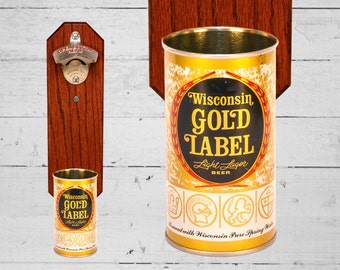 Wisconsin Gold Label Wall Mounted Bottle Opener with Vintage Beer Can Cap Catcher