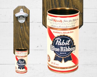 Vintage Beer Gift Wall Mounted Bottle Opener with Pabst Blue Ribbon Beer Can Cap Catcher - Gift for Guy Man Cave Decor