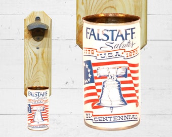 Man Cave Gift Falstaff Bicentennial Wall Mounted Bottle Opener with Vintage Beer Can Cap Catcher