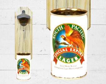 South Pacific Wall Mounted Beer Bottle Opener with Vintage Beer Can Cap Catcher