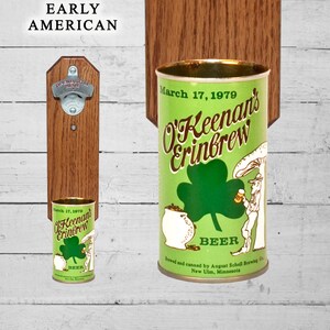 St Patrick's Day Wall Mounted Bottle Opener with Vintage O'Keenan's Erinbrew Beer Can Cap Catcher image 2
