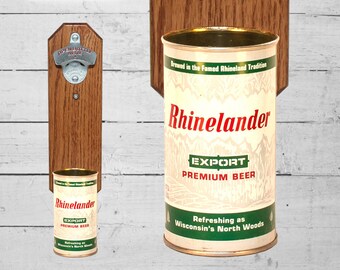 Rhinelander Wall Mounted Bottle Opener with Vintage Beer Can Cap Catcher - Groomsmen Gift