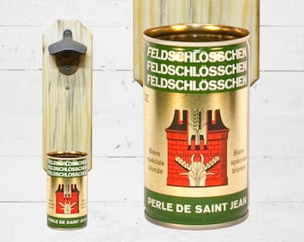Wall Mount Bottle Opener with Vintage Feldschlosschen Beer Can Cap Catcher