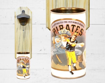 Bar Gift Wall Mounted Bottle Opener with Vintage Pittsburgh Pirates Beer Can Cap Catcher - Iron City Gift for Groomsmen