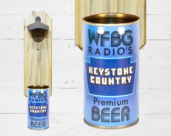Wall Mounted Bottle Opener with Vintage Keystone Country WFBG Radio Beer Can Cap Catcher