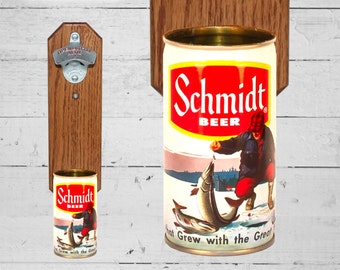 Beer Gifts Schmidt Beer Wall Mounted Bottle Opener with Vintage Ice Fishing Beer Can Cap Catcher