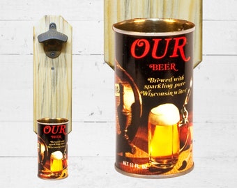 Our Beer Wisconsin Wall Mounted Bottle Opener with Vintage Beer Can Cap Catcher