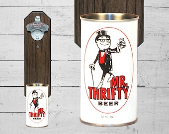 Mr. Thrifty Bottle Opener with Vintage Wall Mounted Beer Can Cap Catcher - Groomsmen Gift