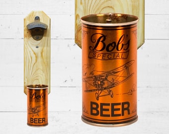 Wall Mounted Bottle Opener with Vintage Bob's Biplane Beer Can Cap Catcher