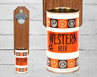 Western Beer Wall Mounted Bottle Opener with Vintage Beer Can Cap Catcher - Cabin Decor