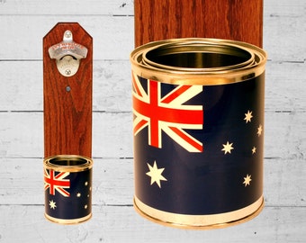 Ölöppnare med australisk flagga och väggmonterad kapsylfångare - Mancave-present till kille - Inflyttningspresent