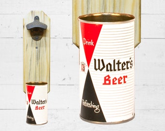 Walter's Wall Mount Bottle Opener with Vintage Beer Can Cap Catcher