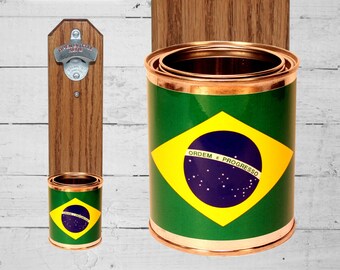 Brasiliens flagga ölflasköppnare med väggmonterad brasiliansk kapsylfångare - Mancave-present till kille - Inflyttningspresent