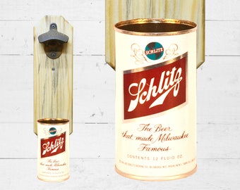 Retro Beer Gift Schlitz Wall Mounted Bottle Opener with Vintage Milwaukee Beer Can Cap Catcher - Best Man Gift for Groomsmen Guys Grad Dad
