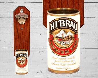Väggmonterad flasköppnare för marsvin med vintage Hi Brau ölburkfångare