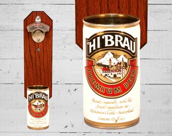 Groomsmen Gift Wall Mounted Bottle Opener with Vintage Hi Brau Beer Can Cap Catcher