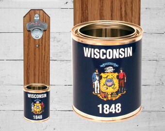 Wisconsin Wall Mounted Bottle Opener with State Flag Bottle Cap Catcher - Beer Bottle Opener - Groomsmen and Housewarming Gift