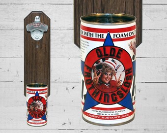 Miss Olde Frothingslosh Wall Mounted Bottle Opener with Vintage Beer Can Cap Catcher - The Beer With The Foam On The Bottom!