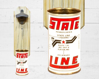 State Line Liquors Wall Mounted Bottle Opener with Vintage Beer Can Cap Catcher