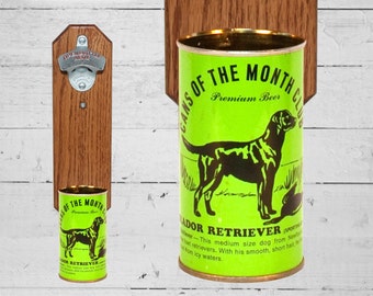 Labrador Retriever väggmonterad flasköppnare med vintage ölburk månadens kapsylfångare