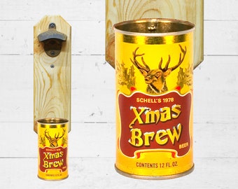 Beer Drinker Gift Christmas Brew Wall Mounted Bottle Opener with Vintage Schell's Xmas Beer Can Cap Catcher