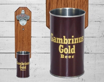 Gambrinus Wall Mounted Bottle Opener with Vintage Gold Label Beer Can Cap Catcher - Gifts for Guys