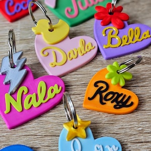 Personalized Heart Pet Name Tag, Cute Custom Heart Pet ID Tag, Cute Colorful Fun Dog Tag with Charm, Small Medium Large Pet Tag