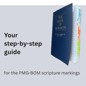 Puede incluir: Un libro azul oscuro titulado The Book of Mormon, Another Testament of Jesus Christ, con numerosos marcadores de página adhesivos de colores en el lateral. El texto Your step-by-step guide for the PMG-BOM scripture markings aparece a la izquierda.