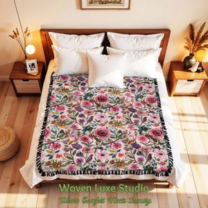 Vibrant Floral Birds Woven Blanket | Home Decor Blanket | Pink Purple and Teal Flowers Cozy Couch Blanket | Decorative Tapestry