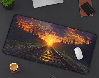 Dramatic Sunset Office Pad, Railway Tracks Desk Mat, Golden Horizon Desk Mat | Journey into the Sunset