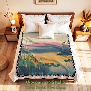 Golden Horizon Woven Blanket | Serene Lake Woven Throw Blanket | Mountain Sunset Home Decor | Japanese Aesthetic Landscape Woven Blanket