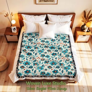 Watercolor Floral Home Decor Throw | Woven Blanket | Teal and Coral Flowers Cozy Couch Blanket | Gift for Nature Lover | Decorative Tapestry