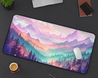 Tranquil Pastel Landscape Desk Pad, Ethereal Mountains Art Office Pad, Tranquil Pastel Landscape Desk Mat | A Serene Escape for Your Desk