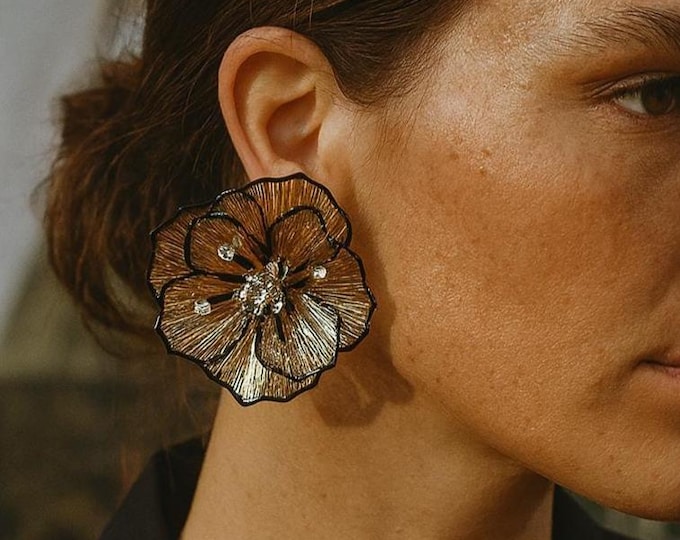 Large Flower Statement Earrings – Gold and Silver Petal Studs, Crystal Rhinestone Floral Jewelry, Wedding Guest & Party Gift for Her