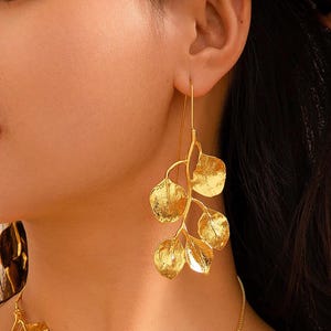 Gold Silver Leaf Earrings – Statement Nature Drop Earrings – Branch Frond Dangle Jewelry – Gift for Her, Graduation, Boho Chic