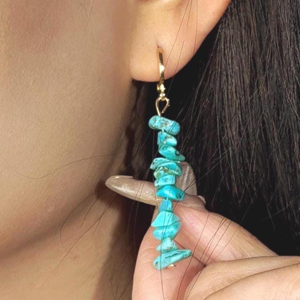 Turquoise Stone Earrings · Gold Hook Dangle Style · Natural Chip Design · Handmade Boho Statement · Gift for Her