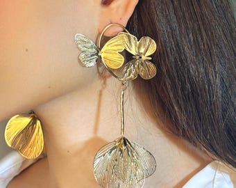 Gold Floral Earrings – Statement Butterfly Petal Dangle Earrings for Fall Weddings, Bridesmaids, Gift for Her