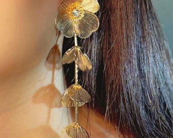 Gold Pearl Floral Earrings – Statement Cascading Dangle Earrings for Weddings, Parties, and Gifts for Her